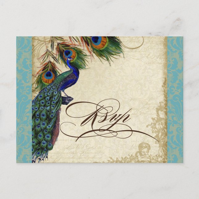 Peacock & Feathers Formal Wedding RSVP Response Invitation Postcard (Front)