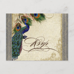 Peacock & Feathers Formal Wedding RSVP Response Invitation Postcard