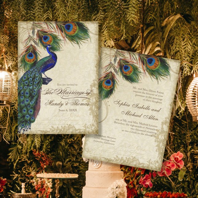 Peacock & Feathers Formal Wedding Tea Stained Invitation (Creator Uploaded)