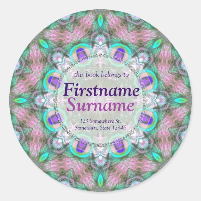 Peacock Feathers Geometric Mandala Bookplate Classic Round Sticker (Front)