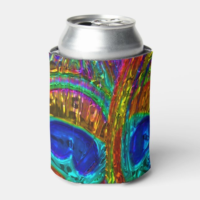 Peacock Feathers Glass Art 1 Can Cooler (Can Front)