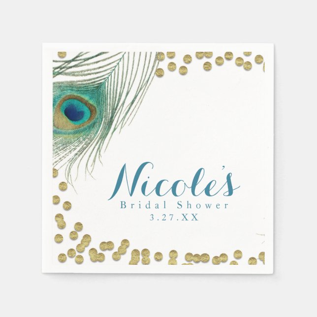 Peacock Feathers & Gold Boho Glam Party Napkin (Front)