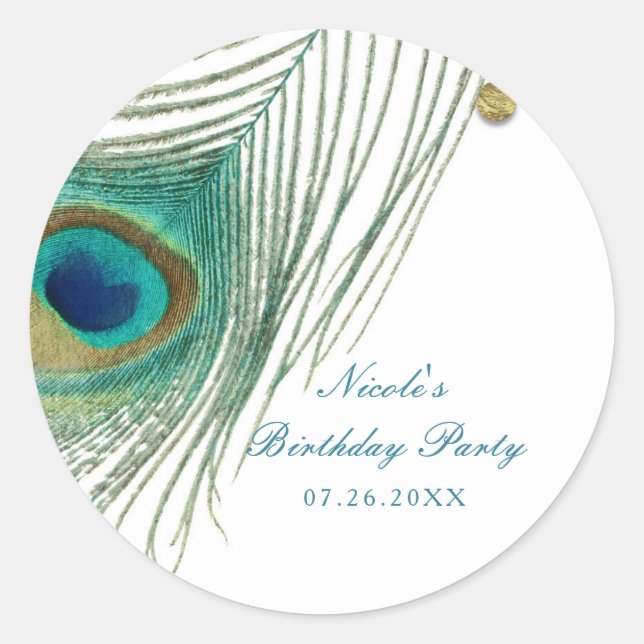 Peacock Feathers & Gold Dots Boho Glam Party Classic Round Sticker (Front)
