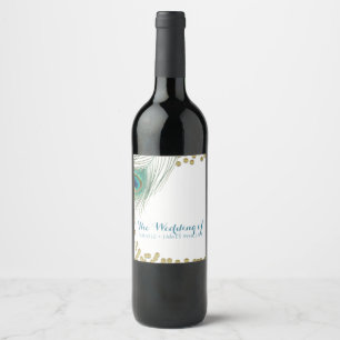Peacock Feathers & Gold Dots Boho Glam Wine Labels