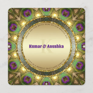 Peacock Feathers Gold Glow Indian Wedding Invite