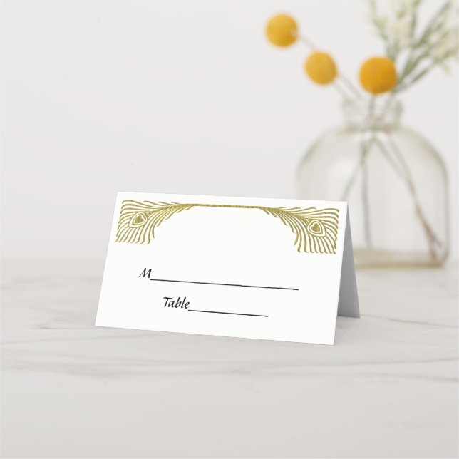 Peacock Feathers Gold Ivory BG Place Escort Cards (Back)