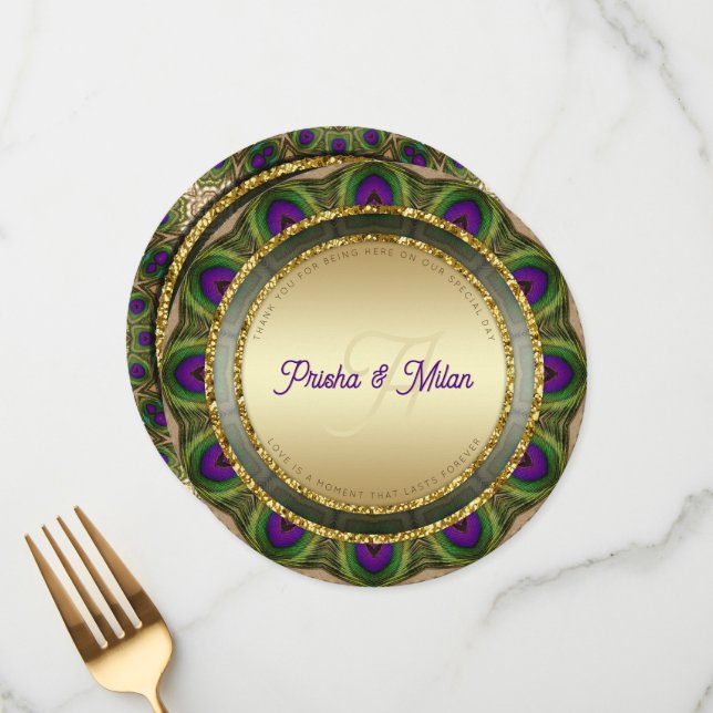 Peacock Feathers Gold Modern Indian Wedding Menu (Front/Back In Situ)