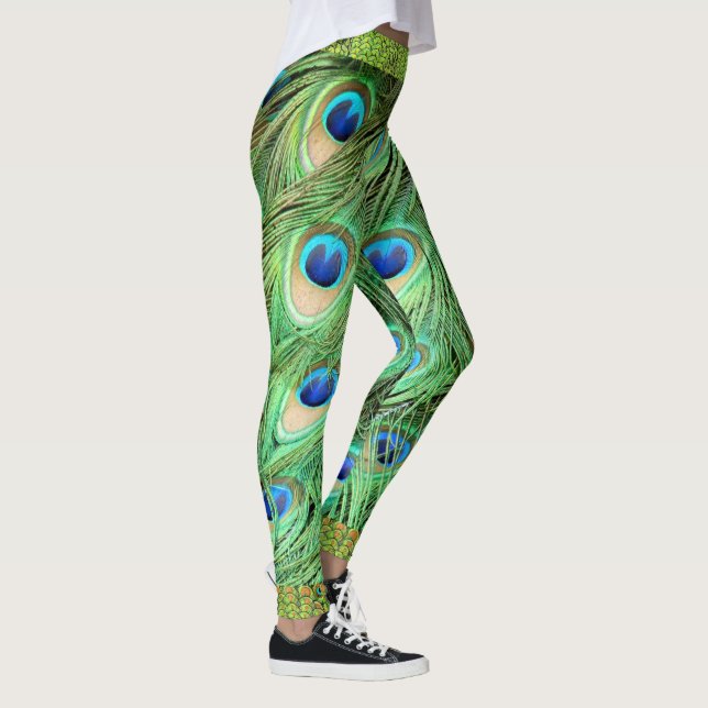 Peacock Feathers Green Blue Exotic Bird Leggings (Right)