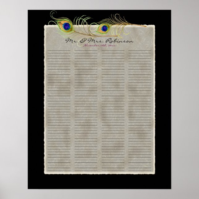 Peacock Feathers Guest Book Signing Poster (Front)