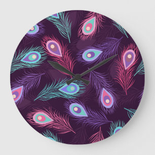 Peacock Feathers: Hand Drawn Vintage. Large Clock