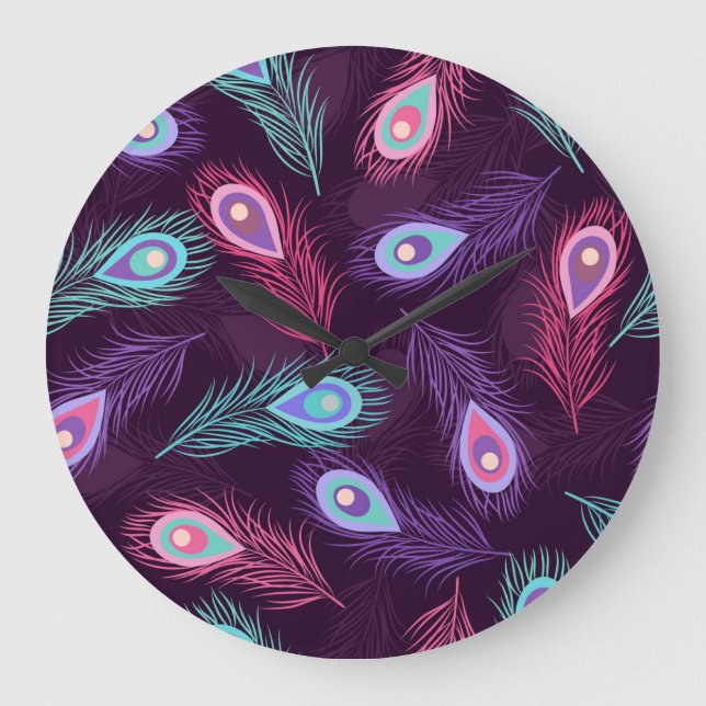 Peacock Feathers: Hand Drawn Vintage. Large Clock (Front)