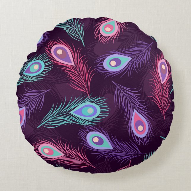Peacock Feathers: Hand Drawn Vintage. Round Cushion (Front)