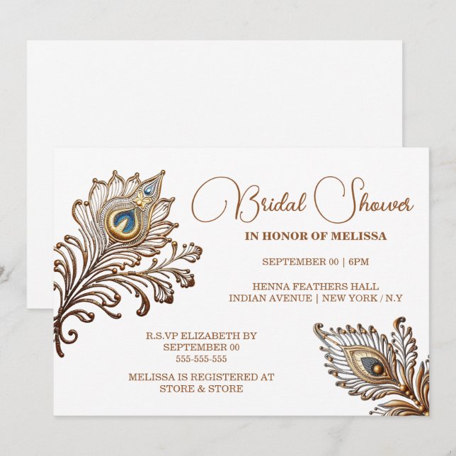 Peacock feathers henna inspired Indian bridal  Invitation (Front/Back)