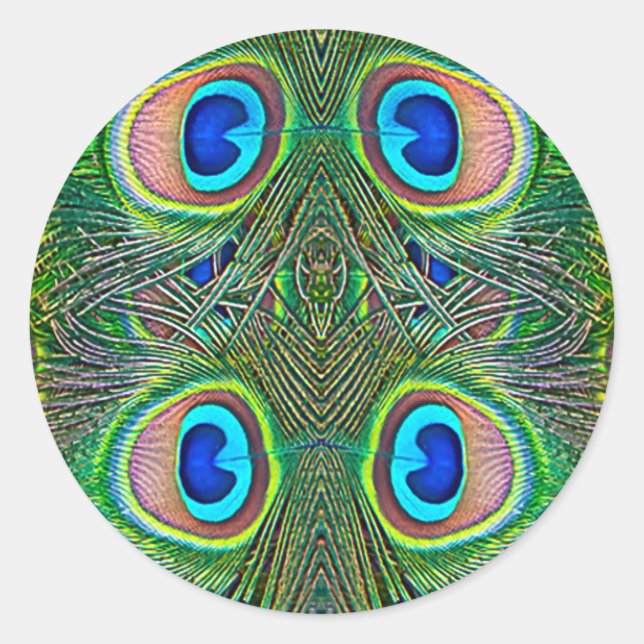 Peacock Feathers Kaleidoscope Print Classic Round Sticker (Front)