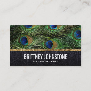 Peacock Feathers, Leather, Gold Trim Business Card