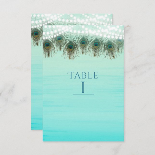 Peacock Feathers & Lights Rustic Table Number Card (Front/Back)