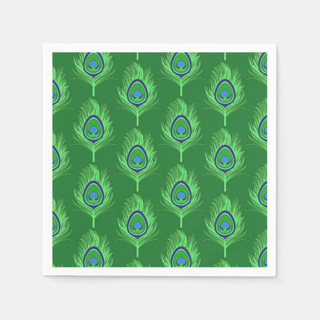 Peacock Feathers, Lime Green on Emerald Green Napkin (Front)