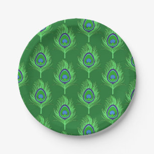 Peacock Feathers, Lime Green on Emerald Green Paper Plate