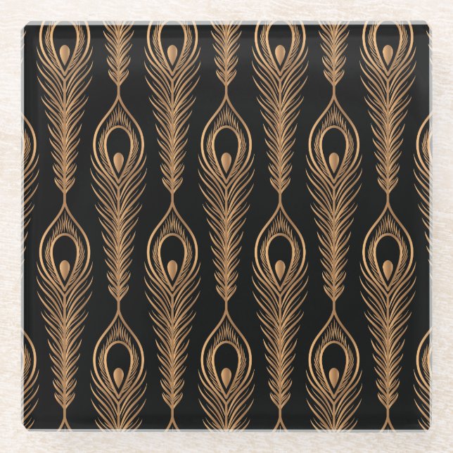 Peacock Feathers, Luxury Oriental Pattern. Glass Coaster (Front)