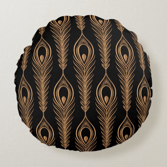 Peacock Feathers, Luxury Oriental Pattern. Round Cushion (Front)