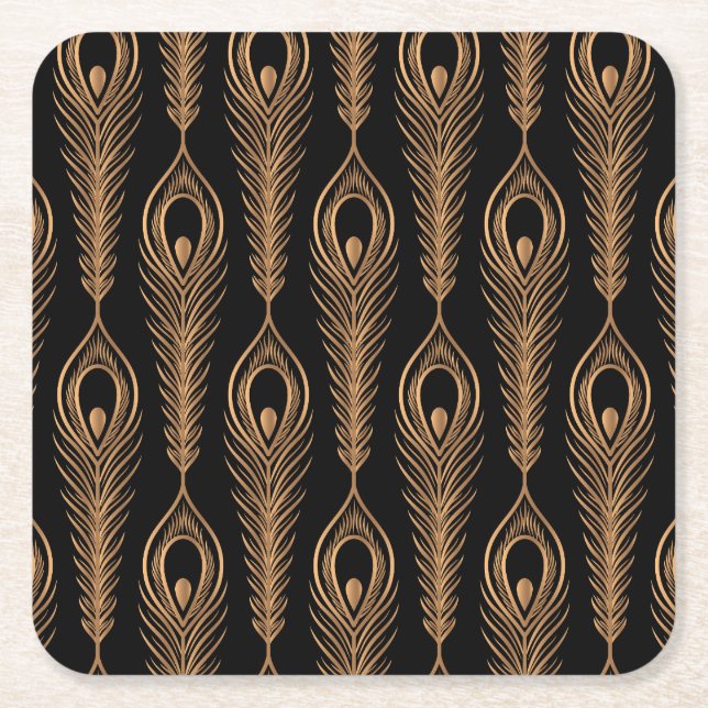 Peacock Feathers, Luxury Oriental Pattern. Square Paper Coaster (Front)