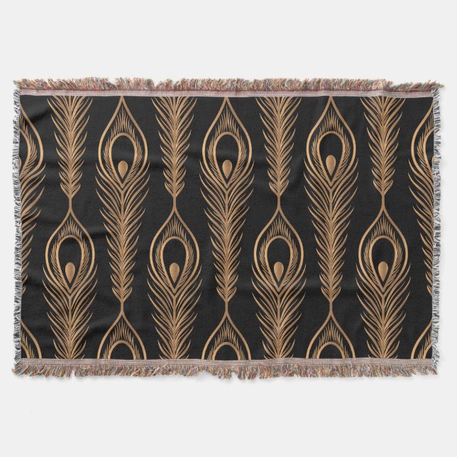 Peacock Feathers, Luxury Oriental Pattern. Throw Blanket (Front)