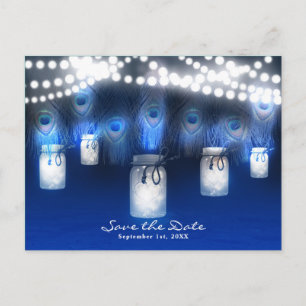 Peacock Feathers, Mason Jar & Lights Save the Date Announcement Postcard