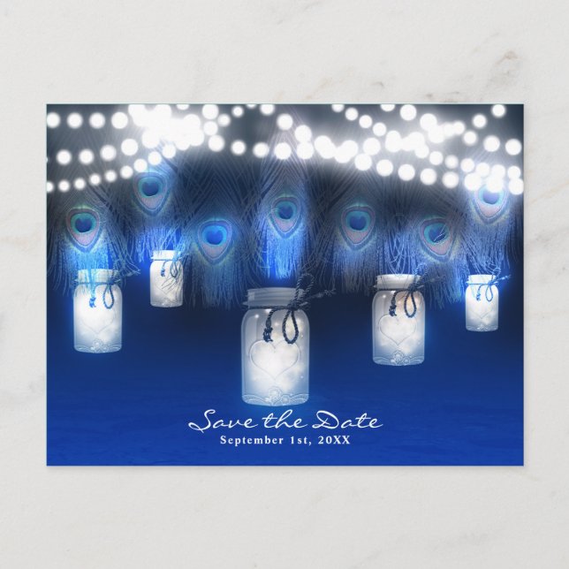 Peacock Feathers, Mason Jar & Lights Save the Date Announcement Postcard (Front)