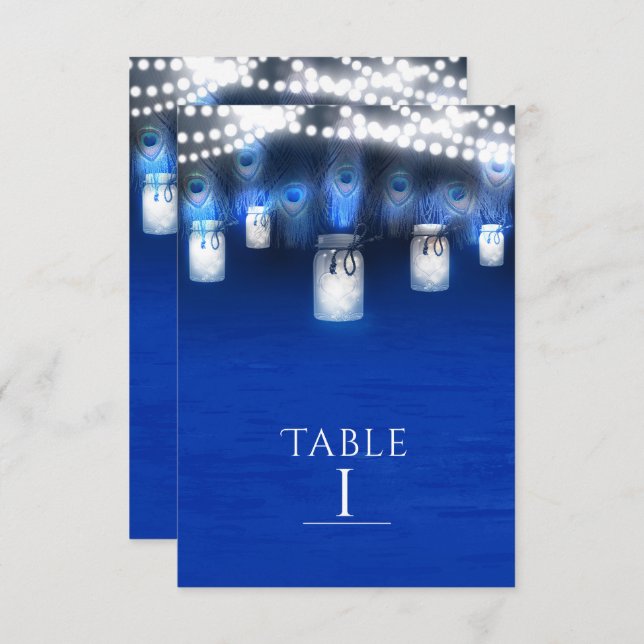 Peacock Feathers, Mason Jar & Lights Table Number (Front/Back)