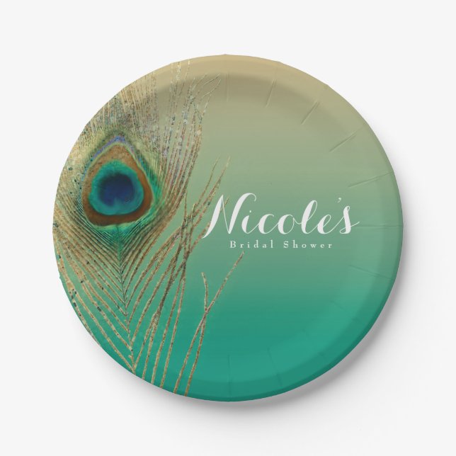 Peacock Feathers, Mason Jar & String Lights Party Paper Plate (Front)