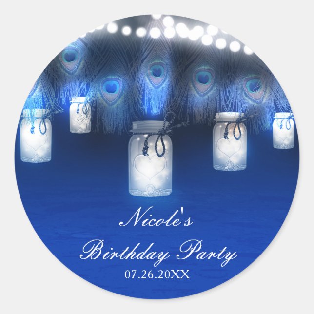 Peacock Feathers, Mason Jar & String Lights Rustic Classic Round Sticker (Front)