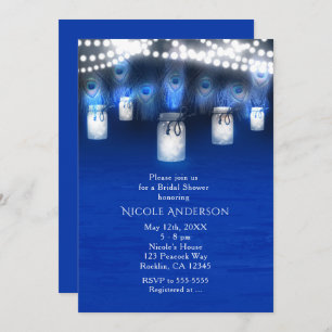 Peacock Feathers, Mason Jar & String Lights Rustic Invitation