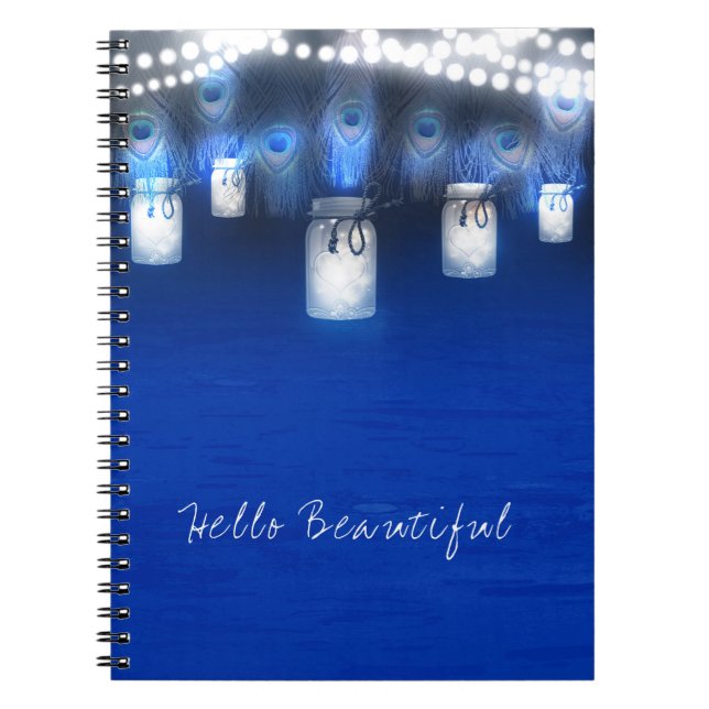 Peacock Feathers, Mason Jar & String Lights Rustic Notebook (Front)