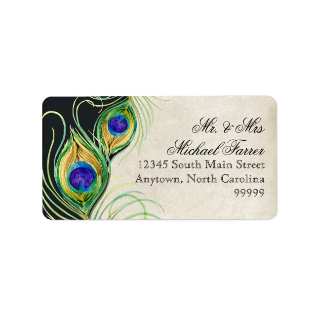 Peacock Feathers Modern Wedding Matching Labels (Front)