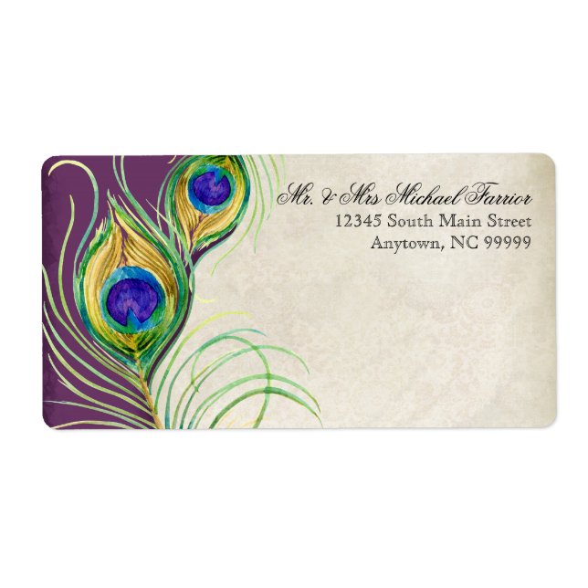 Peacock Feathers Modern Wedding Shipping Labels (Front)