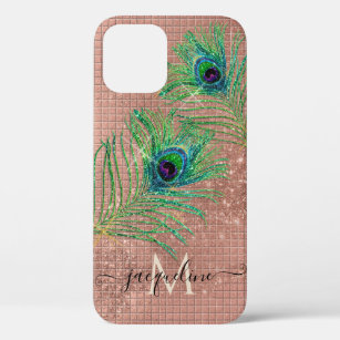 Peacock Feathers Monogram Chic Rose Gold Glitter  Case-Mate iPhone Case