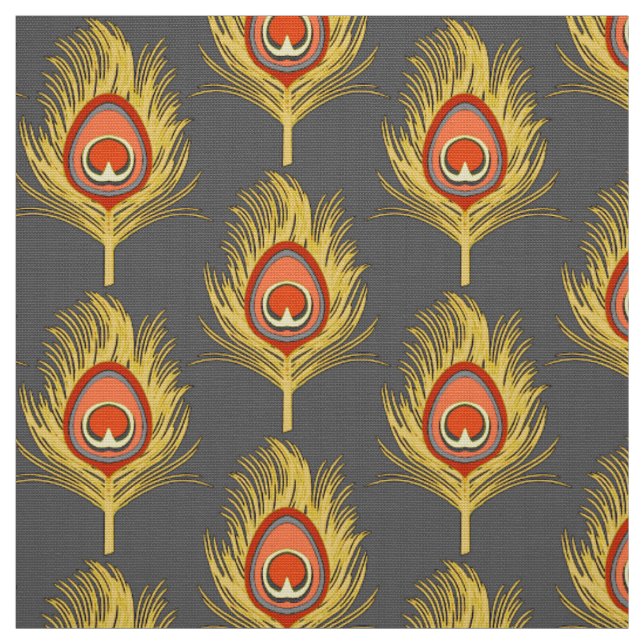 Peacock Feathers, Mustard Yellow on Grey / Grey Fabric (Swatch)