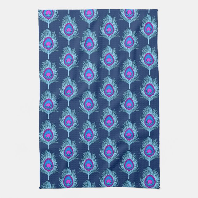 Peacock Feathers, Navy and Pastel Blue Tea Towel (Vertical)