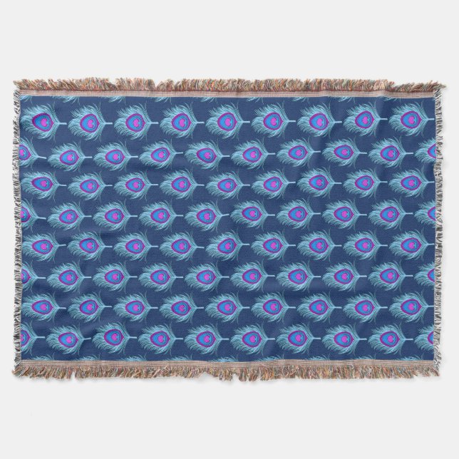 Peacock Feathers, Navy and Pastel Blue Throw Blanket (Front)