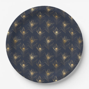 Peacock Feathers Navy Blue Gold Print Stylish Paper Plate