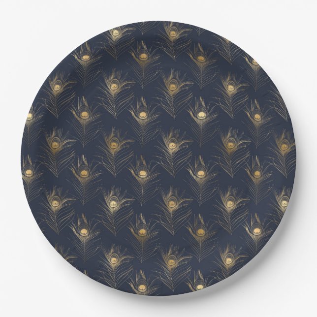Peacock Feathers Navy Blue Gold Print Stylish Paper Plate (Front)