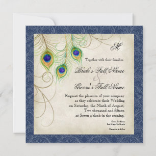 Peacock Feathers Navy Blue Wedding Invitation