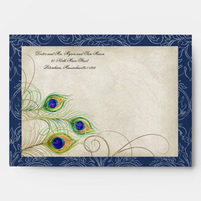 Peacock Feathers Navy Blue Wedding Invitation 5x7 Envelopes (Front)