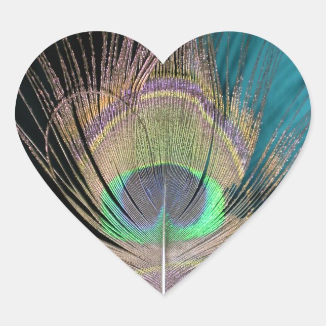 Peacock Feathers on black and turquoise Heart Sticker (Front)