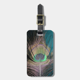 Peacock Feathers on black and turquoise Luggage Tag