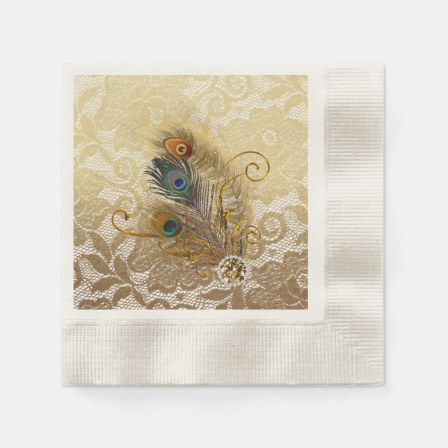 Peacock Feathers on Gold Lace Paper Plates Napkin (Front)