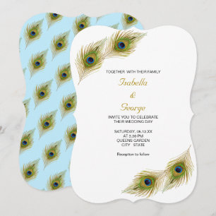 Peacock Feathers on Light Blue & White Wedding Invitation