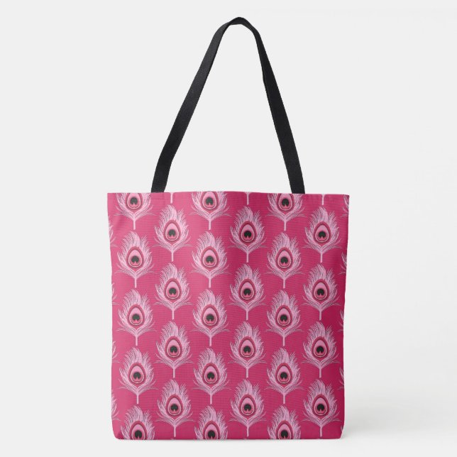Peacock Feathers, Pastel Pink on Fuchsia Pink Tote Bag (Front)