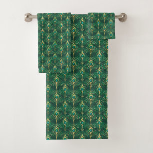 Peacock Feathers Pattern in Emerald Green and Gold Bath Towel Set
