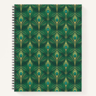 Peacock Feathers Pattern in Emerald Green and Gold Notebook